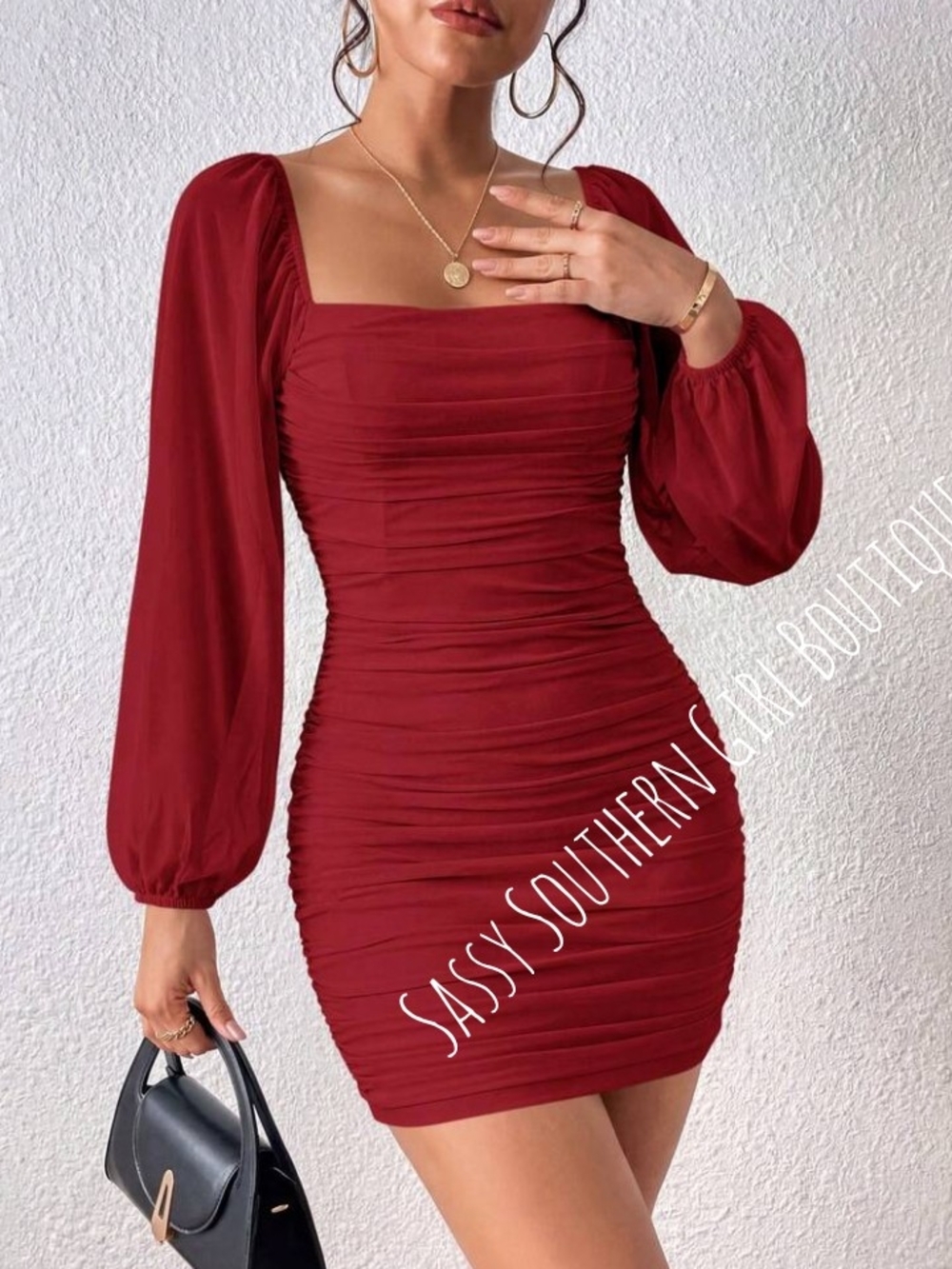 🆕⭐Red Ruched Long-Sleeve Mini Dress - Picture 7 of 13
